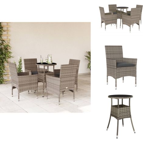 5-tlg. Garten-Essgruppe mit Kissen Grau Poly Rattan und Glas - Gartengruppe - Gartenmöbel - Esstisch - Gartenstühle - Outdoor Möbel (1/5)