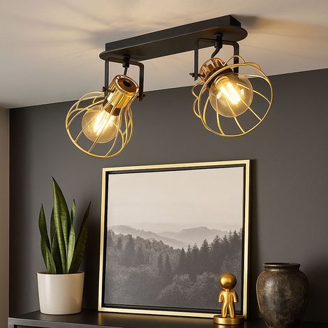 Deckenleuchte Deckenlampe Spotleuchte Esszimmer Geflecht Käfig Holz, verstellbar, schwarz messingfarben, 2x E27 Fassung, LxBxH 48x28x26 cm (1/5)