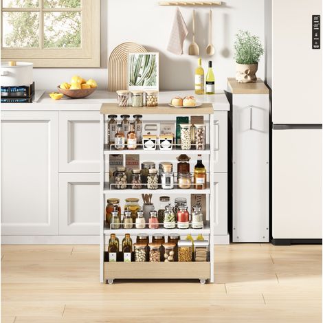 Regal auf Rollen für Nischen 12 cm mit 4 Böden MDF OKMYHOME (1/5)