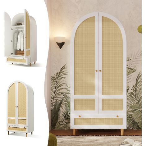 Kleiderschrank Weiß in Rattan-Optik mit Kleiderstange und Schublade, eleganter Wäscheschrank im Bogen-Design für Schlafzimmer & Flur, 80x50x180 cm (1/5)