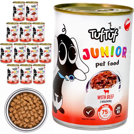 TufTuf JUNIOR Nassfutter für Welpen, Rindfleisch, Dose, 12 x 415 g Stücke (1/2)