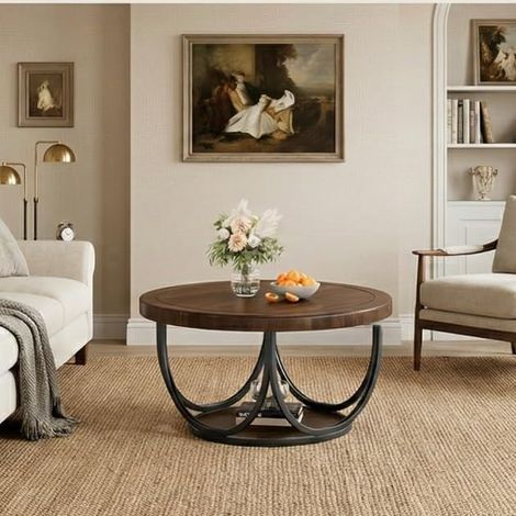 Tribesigns Table Basse Ronde avec 2 Niveaux, Table de Cocktail Ronde en Bois de 80 cm avec étagère de Rangement et Cadre en métal, Tables centrales industrielles pour Salon, Marron et Noir (1/5)