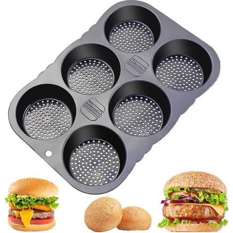 Moule à pains à hamburger en silicone (34,5 × 23,5 × 4 cm), revêtement antiadhésif, résistant à la chaleur, 6 cavités. (1/5)