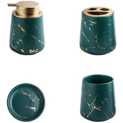 Ensemble de 4 accessoires de salle de bain en céramique marbrée - Distributeur de savon, porte-brosse à dents, gobelet, porte-savon - Vert foncé (1/5)