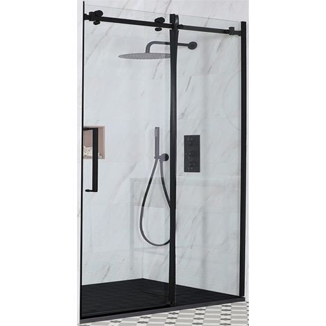 Milano Nero Black Reversible Frameless Sliding Door Shower Enclosure with Graphite Slate Effect Tray and Fast Flow Waste - 1500mm x 900mm (1/5)