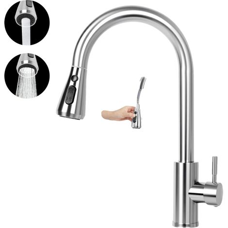 Grifo de cocina con rociador extraíble, diseño de arco alto, color plata. (1/2)