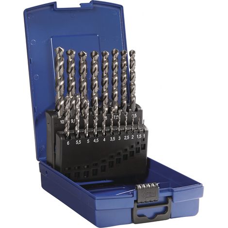 Juego  de brocas  espirales DIN  338 tipo  TFL D.1-10x0,5mm  HSS-Co5 nitruradas  en las  facetas 19pzs.  TECWERK (1/2)