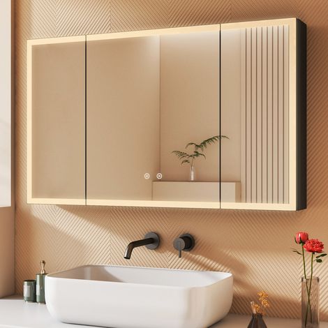 100 x 60 cm 3 Türen Spiegelschrank Bad mit Beleuchtung LED Spiegelschrank mit Beleuchtung Badspiegel Schwarz mit Beleuchtung Badschrank Hängeschränke mit 3 Einstellbare Lichtfarben Beschlagfrei, Schwa