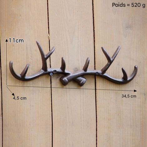 Porte‑manteau mural en fonte vintage forme bois de cerf, 4 crochets muraux décoratifs pour manteaux, sacs et clés