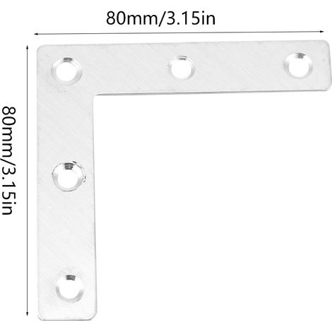 Lot de 50 équerres d'angle en acier inoxydable pour meuble, plaque de renfort en L 80 mm, surface brossée, trous Ø5mm (1/5)