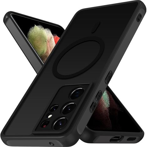 Coque Magnétique pour Samsung Galaxy S21 Ultra 5G, Compatible avec MagSafe, Translucide Mat Arrière Étui de Protection en Silicone Liquide Antichoc, Mince Anti-Rayures Dos Bumper Housse, Noir