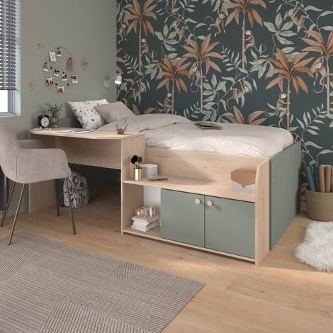 Lit enfant 90x190/200 avec bureau et rangements vert d'eau (1/5)