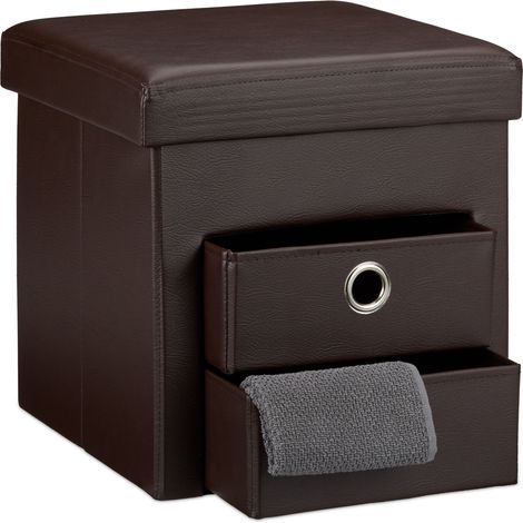Relaxdays Sitzhocker faltbar mit Stauraum, 2 Fächer, HxBxT:38x38x38cm, Kunstleder, Ottomane, braun
