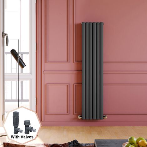ELEGANT Anthracite Horizontal Oval Column Designer Radiator Double Flat Panel Radiator Heater 1600 x 360 mm + Anthracite Thermostatic Radiator Valves (1/5)