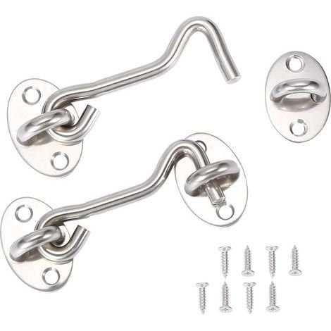 Set di 2 chiusure a gancio e occhiello in acciaio inox, serratura a gancio per cancello, serratura a gancio oscillante per porta da fienile e finestra con viti di montaggio (7,6 cm) (1/5)