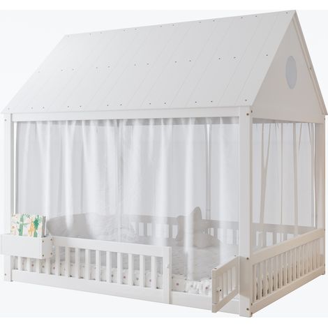 Lit enfant 140x200 cm style cabane avec fenêtres et toit décoratifs, rideaux blancs, petit rangement et structure bois + MDF, CHICFURN (1/5)
