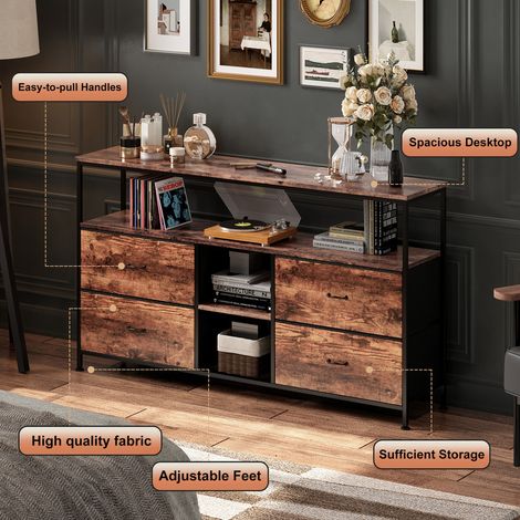 Meuble TV Industriel 108x30x77 cm Bois et Métal avec 4 Tiroirs, Étagères Ouvertes et Éclairage LED RGB, Meuble de Rangement pour Salon Chambre Bureau (1/5)