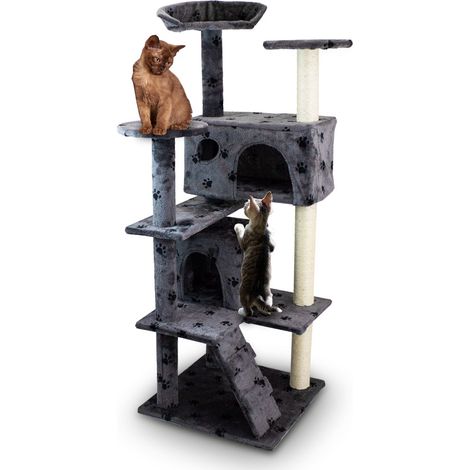 Katzenkratzbaum Kratzbaum Katzenbaum Spielbaum Katzenhöhle 3 Säulen mit Plüsch und Sisal Dunkelgrau / Pfote