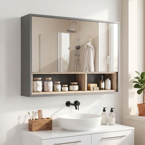 Meuble de salle de bain avec miroir, meuble WC suspendu à 3 portes et 8 compartiments, gris (1/5)