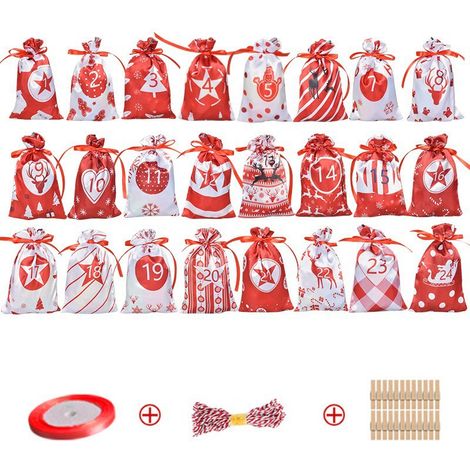 24 sacchetti per calendario dell'Avvento, sacchetti per calendario dell'Avvento, sacchetti per calendario dell'Avvento riempibili, sacchetti per calendario a sorpresa per Natale, con clip in legno e s