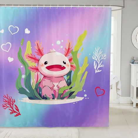 Rideau Douche 180x210cm Axolotl Rideaux de Douche Salamandre Faune Dessin Animé Rideau de Baignoire Algue Corail Rideaux Salle de Bain Faune Monde sous Marin - 180L X 210H cm (1 Panneaux) (1/5)