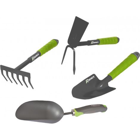 Lot 4 outils de jardinage, Pelle à terreau, serfouette, rateau, transplantoir pour fleurs (1/5)