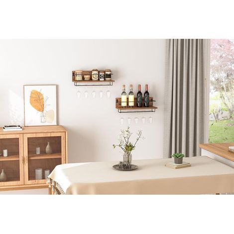 Wall Mounted Wine Rack, Wine Glass Rack Set of 2, Wine Shelf Hanging Floating Shelves, Wine Bottle Glass Rack Stemware Holder, for Living Room, Kitchen, Rustic Brown and Black EBF28BJ01,HOOBRO (1/5)
