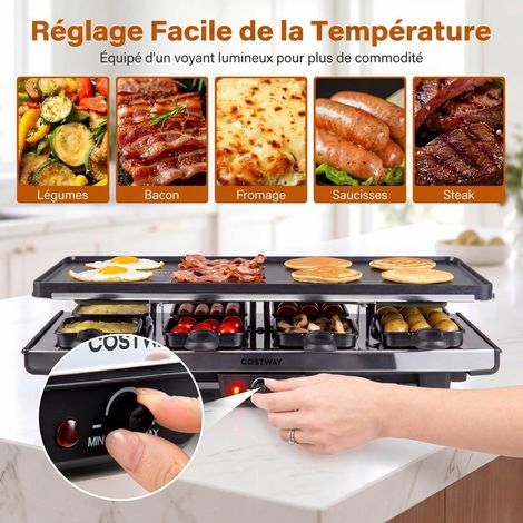 Appareil à raclette noir 1400 W avec plaque réversible antiadhésive, 8 poêlons et thermostat réglable pour maison et terrasse (1/5)