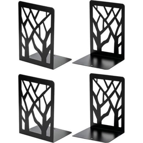 Serre-livres en métal robuste, motif arbre, pour livres et CD, décoratif pour la maison, 12 x 9 x 17,5 cm, noir, 2 paires/4 pièces (1/4)