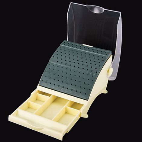 Boîte de rangement fraises dentaires - 142 trous - Plastique ABS robuste - Organisateur avec tiroir et couvercle - Pour cabinet dentaire et laboratoire - Noir compact (1/5)