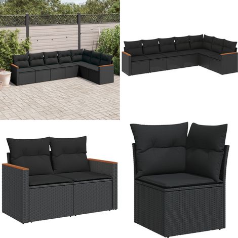 Salon de jardin 7 pcs avec coussins noir résine tressée - Ensemble Salon De Jardin - Mobilier De Jardin - Salon Extérieur - Résine Tressée - Fauteuil De Jardin - Home & Living (1/5)