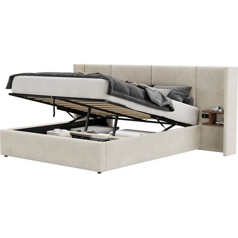 Lit coffre 160 x 200 cm en velours beige, avec 2 tables de nuit, ports USB-A/C et prises, sommier à lattes, rangement hydraulique, montage facile  CHICFURN (1/5)