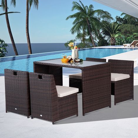 Conjunto de comedor exterior de 5 piezas, con mesa, 4 sillas y cojines, poliratán, acero, marrón (1/5)