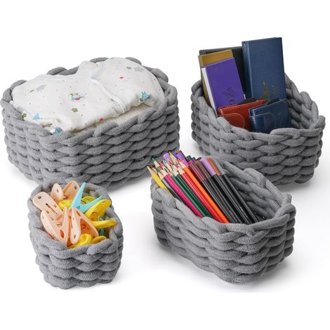 Cesta de cuerda de algodón tejida , gris, juego de 1, para cocina, baño o dormitorio. (1/4)