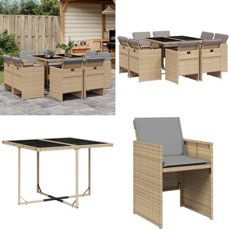 9-tlg. Garten-Essgruppe mit Kissen Beigemischung Poly Rattan - Gartengesetze - Gartenmöbelset - Outdoor Möbel - Terrassenmöbel - Esstisch - Home & Living (1/5)