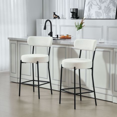 Lot de 2 tabourets de bar en tissu bouclette, chaises de bar avec dossier courbé, repose-pieds, crème, 49x52x95cm