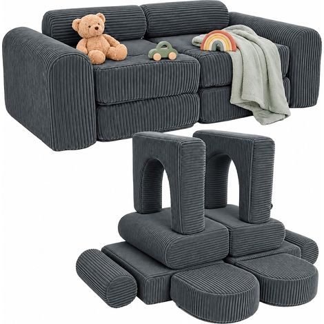Relaxdays Children's Play Sofa, modular, 10-piece set, soft foam blocks, kids' corduroy couch, HWD: 32x108x50 cm, grey