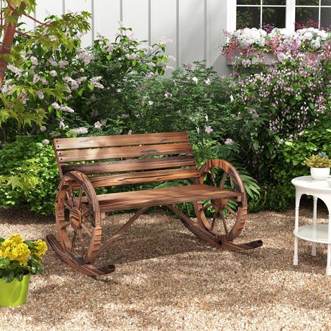 Panca a dondolo da giardino in legno marrone scuro, 2 posti con braccioli, finitura carbonizzata, 105x88x74 cm (1/5)