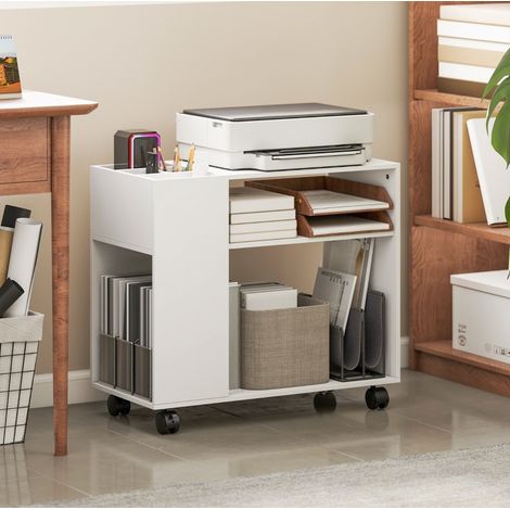Supporto per stampante con vano divisorio e ripiani 70 x 34 x 60 cm bianco OKWISH (1/5)