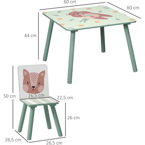 Ensemble jardin enfant table et 2 chaises vertes, mobilier jeu enfants 3-8 ans, set table ronde + 2 sièges motif animaux mignons, pour terrasse et pique-nique (1/5)