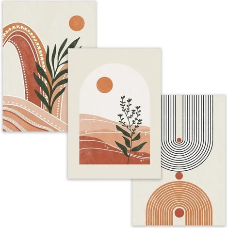 3 Pcs Art Mural Abstrait Botanique Boho, Tableau Décoration Murale Géométrique Végétale, Affiches Murale Vert Sauge et Orange pour Chambre Salon Salle de Bain 15x20 cm Sans Cadre