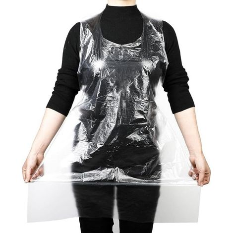 Lot de 100 tabliers jetables en plastique transparent - 90 x 60 cm - Pour adulte - Imperméable et résistant à l'huile - En polyéthylène - Pour cuisine, nettoyage, peinture, transparent (1/4)