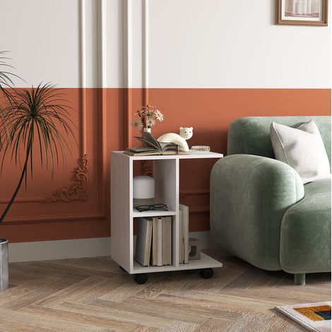 Tavolino laterale 45/35/58 cm bianco a C con ruote e ripiani (1/5)