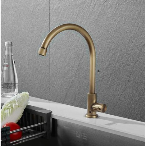 Robinet de cuisine en laiton antique, finition antique, poignée unique, haute qualité, style rétro, eau froide uniquement, pivotant à 360°, finition dorée brossée. (1/5)