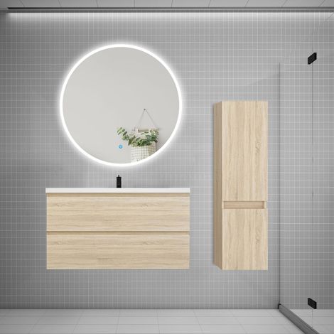 Ensemble meuble vasque L.99cm 2 tiroirs + lavabo + LED miroir rond 100cm + colonne C,chêne