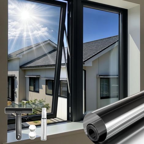 Anti-gaze Window Film for Windows Tain-Free Anti-Heat Mirror Effect Anti-UV Solar Protection Film Electrostatic Window Film for Homes, Office (Black-Silver, 44 x 200 cm) (1/5)