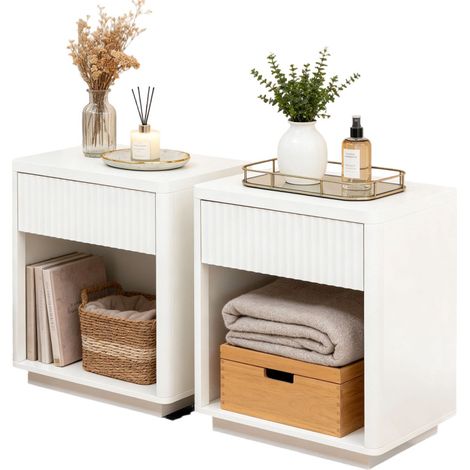 Tables chevet – Lot 2 – Tiroir + étagère – Panneaux ondulés – Bois – Chambre/Salon/Bureau – Montage facile (1/5)