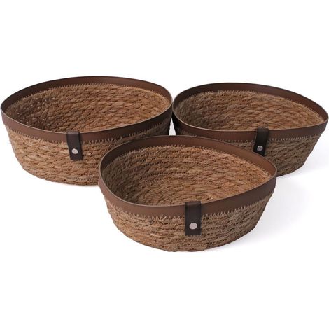 Cestino in ecorattan beige, Ø28x10 cm (kit da 3)