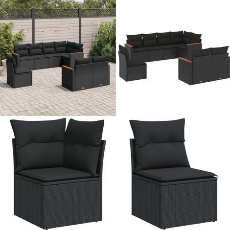 Salon de jardin 8 pcs avec coussins noir résine tressée - Ensemble Salon De Jardin - Mobilier De Jardin - Salon Extérieur - Résine Tressée - Fauteuil De Jardin - Home & Living (1/5)
