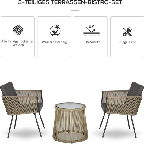Salon 3 places avec 2 fauteuils, table basse, coussins assise et dossier, plateau en verre sécurit, rotin imitation, gris